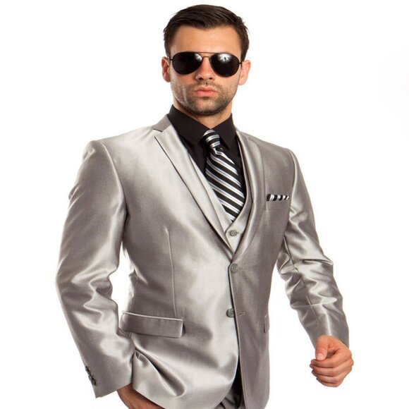 Mens Tazio Vested Slim Fit Shiny Sharkskin Suit in Silver - Picture 1 of 2